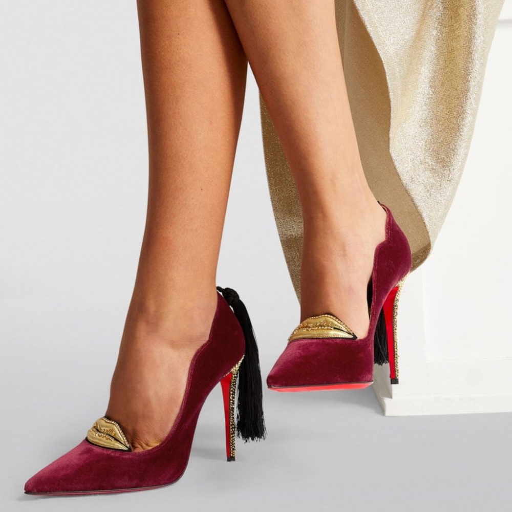 Christian Louboutin Hot Chick Kiss Velvet Burgundy Crystal Heel Pump Tassel Rare - Picture 12 of 13